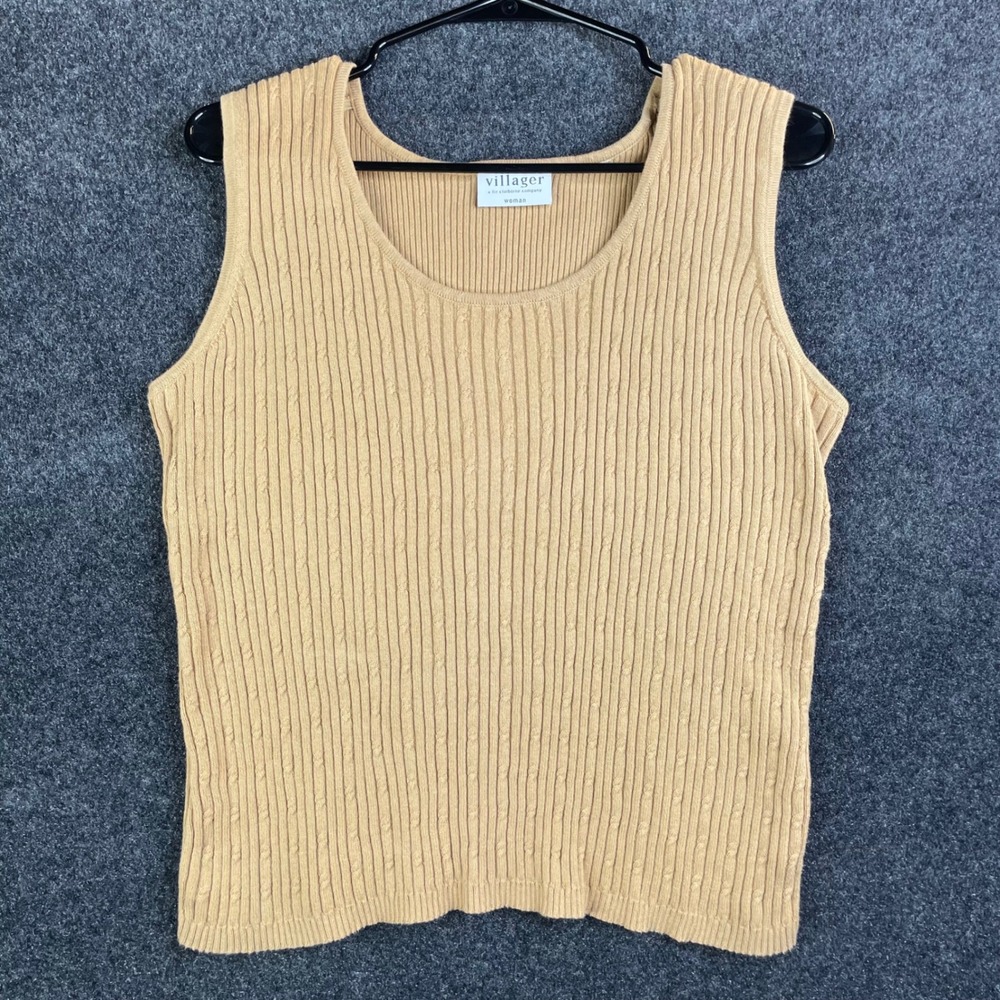 Villager Liz Claiborne Ribbed Cable Knit Shell Tank Top Women Medium Tan